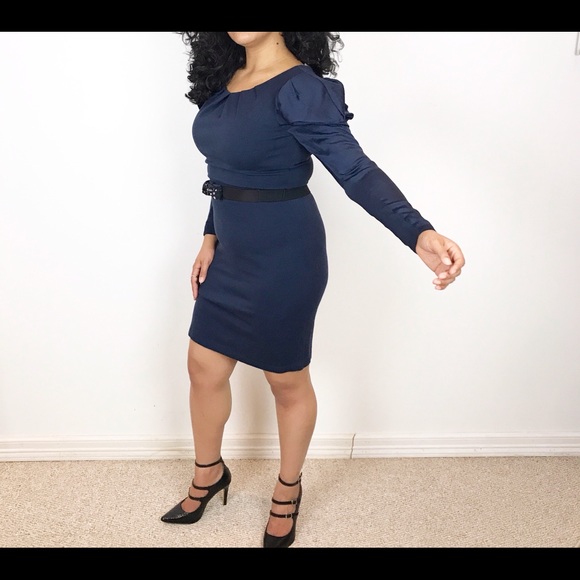 BCBG MAXAZRIA 👗 | Navy Blue Puff Sleeve Dress - Picture 2 of 8